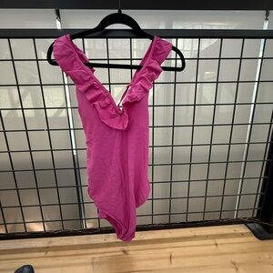 Time and Tru Pink Asymmetrical Ruffled Sleeveless Bodysuit